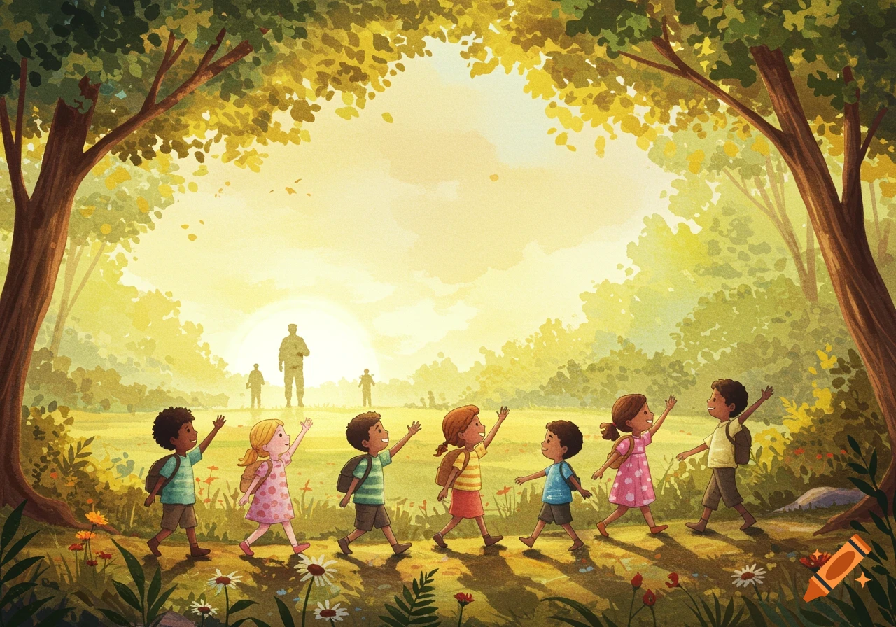 Whimsical watercolor illustration of diverse children walking through a sunny forest, waving at distant military personnel.