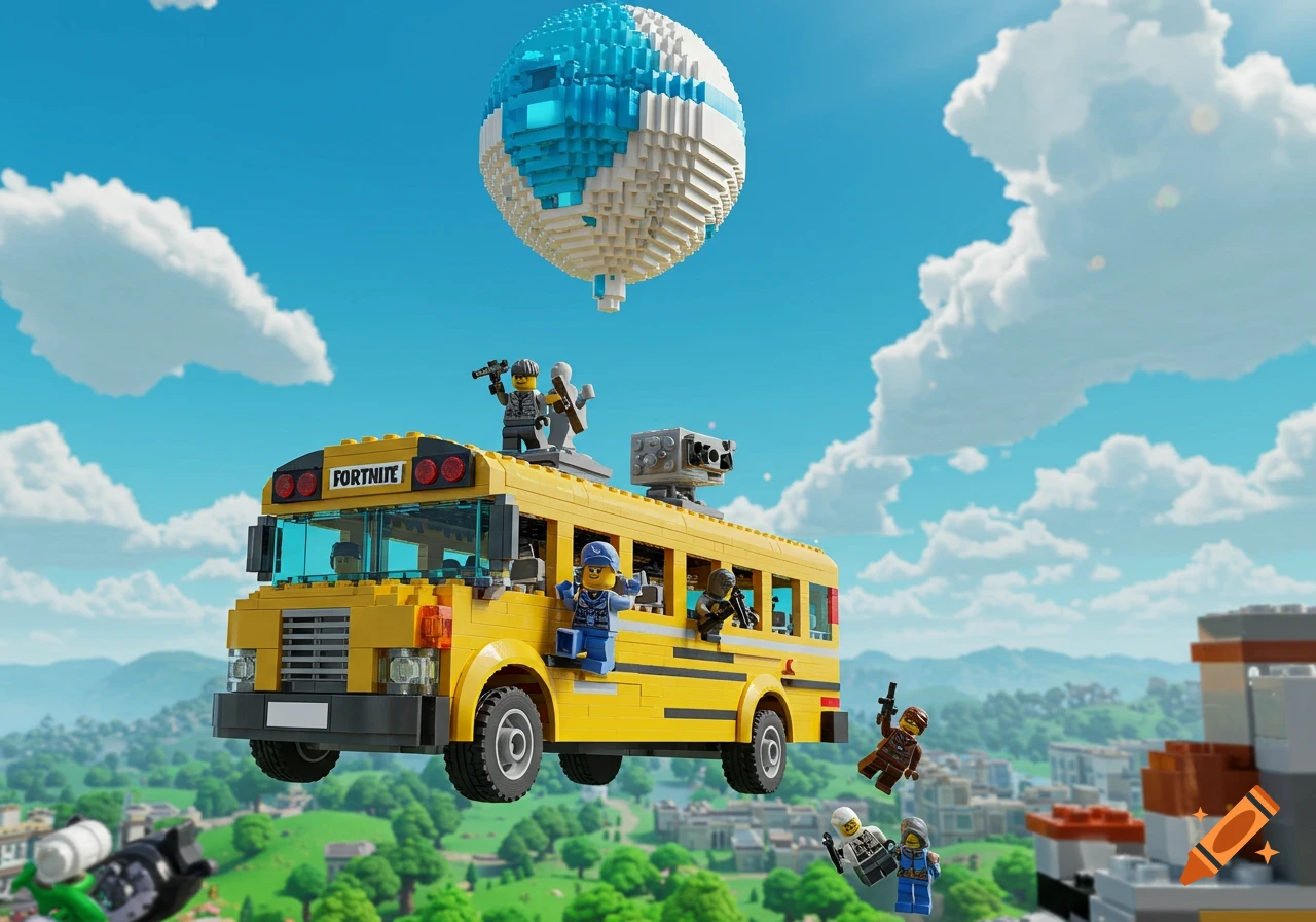 A Lego Fortnite Battle Bus flies through a bright blue sky with white clouds, carrying minifigures on its roof and others jumping out, over a blocky landscape.