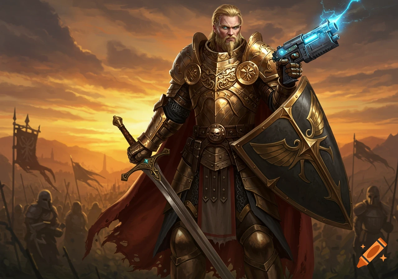 A heavily armored warrior with a golden suit of armor, holding a sword and a glowing plasma gun, stands on a battlefield at sunset.