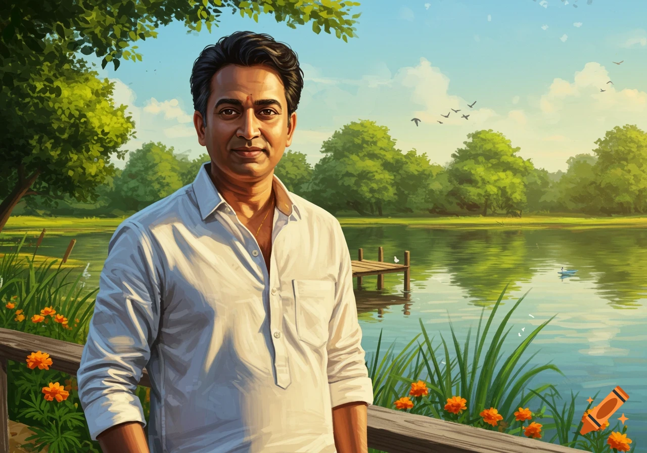 A man in a white shirt stands by a wooden railing next to a lake surrounded by green trees and orange flowers under a blue sky, digital painting.