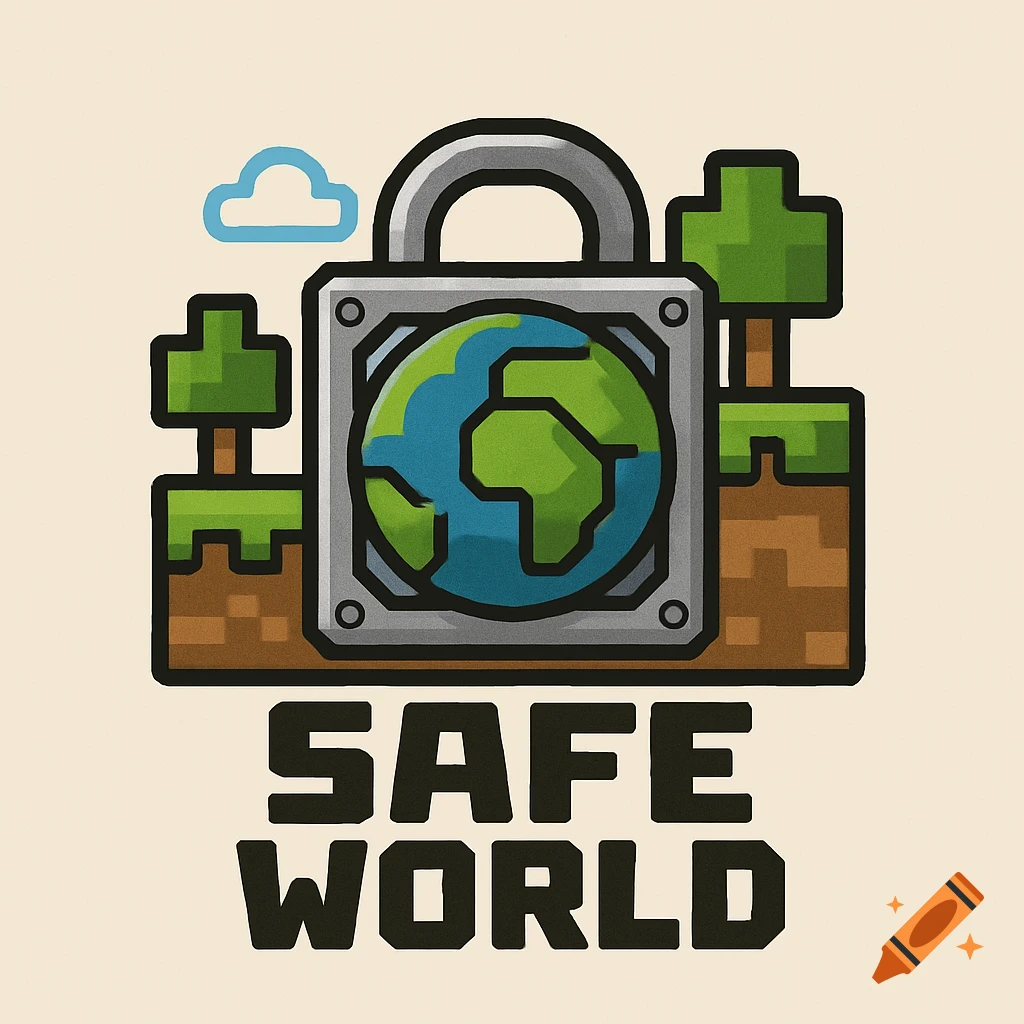 A Minecraft-style logo featuring a padlock with a globe inside, flanked by pixelated trees and terrain, with 'SAFE WORLD' text below.