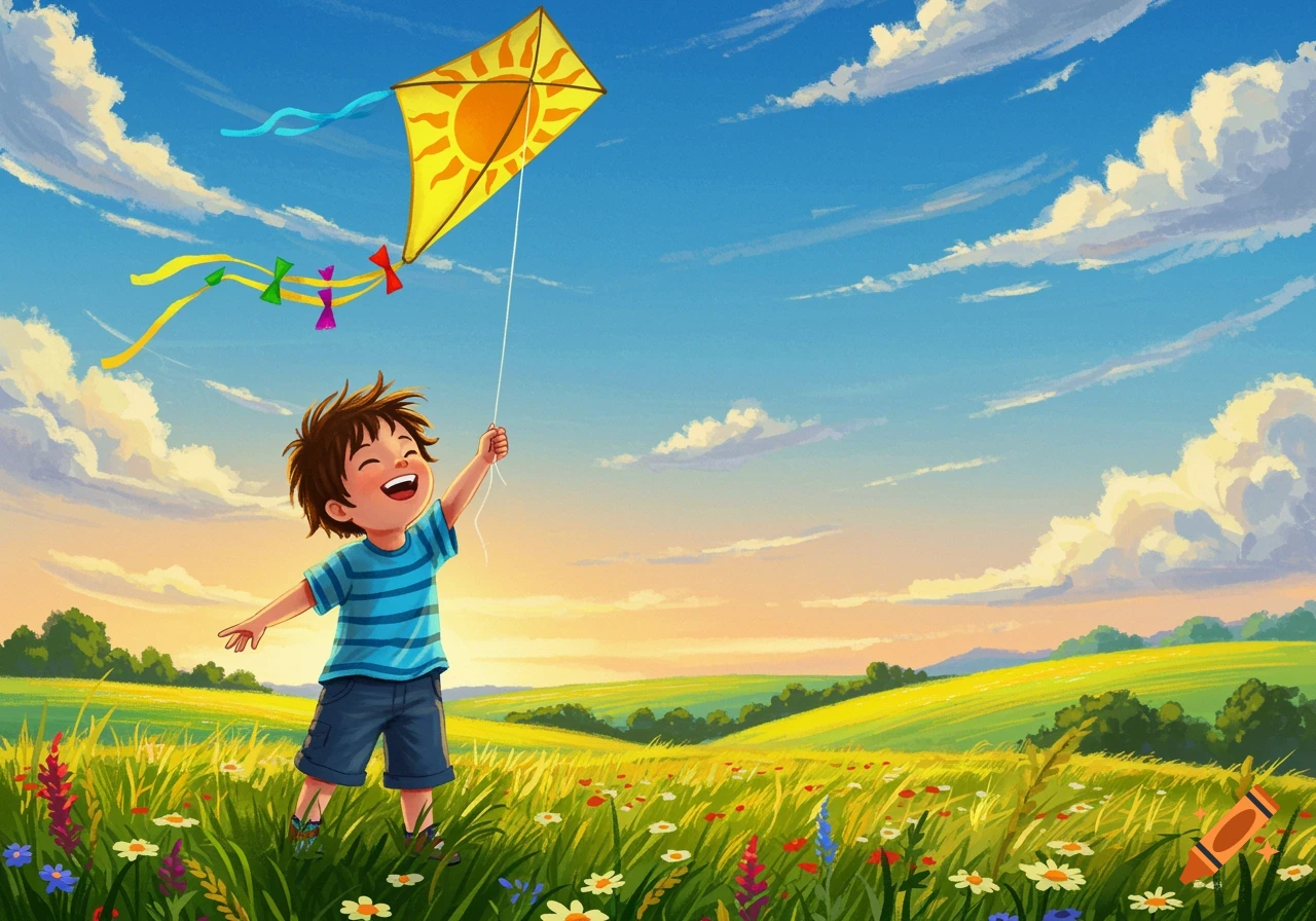 A happy cartoon boy flying a yellow sun kite in a green field under a blue sky with clouds.