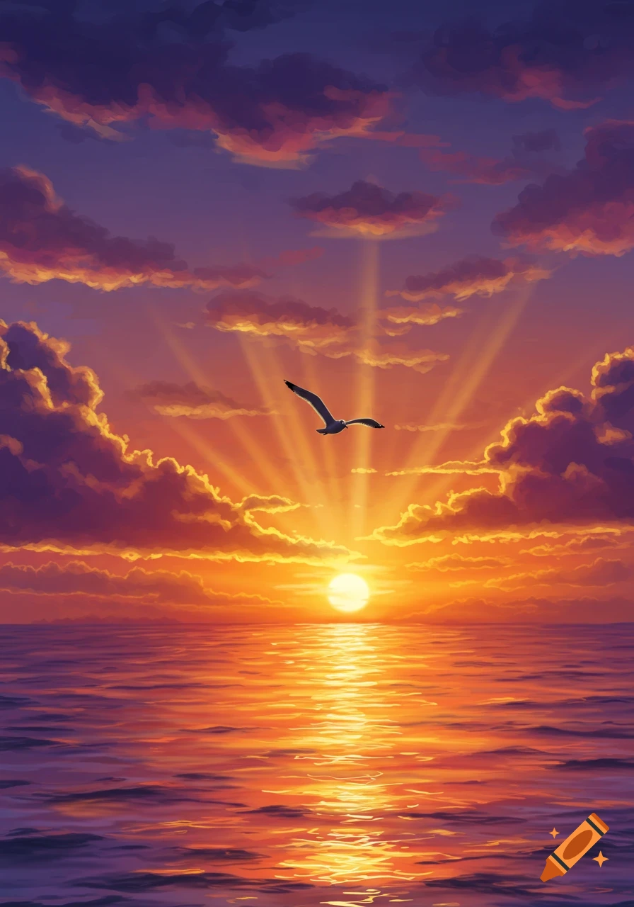 A vibrant sunset over a calm ocean, with a seagull flying directly into the golden light. The sky is painted with orange and purple hues.