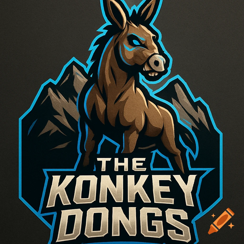 A stylized sports logo featuring a brown donkey with glowing blue eyes and markings, standing in front of dark mountains, with the text 'THE KONKEY DONGS' in bold letters.