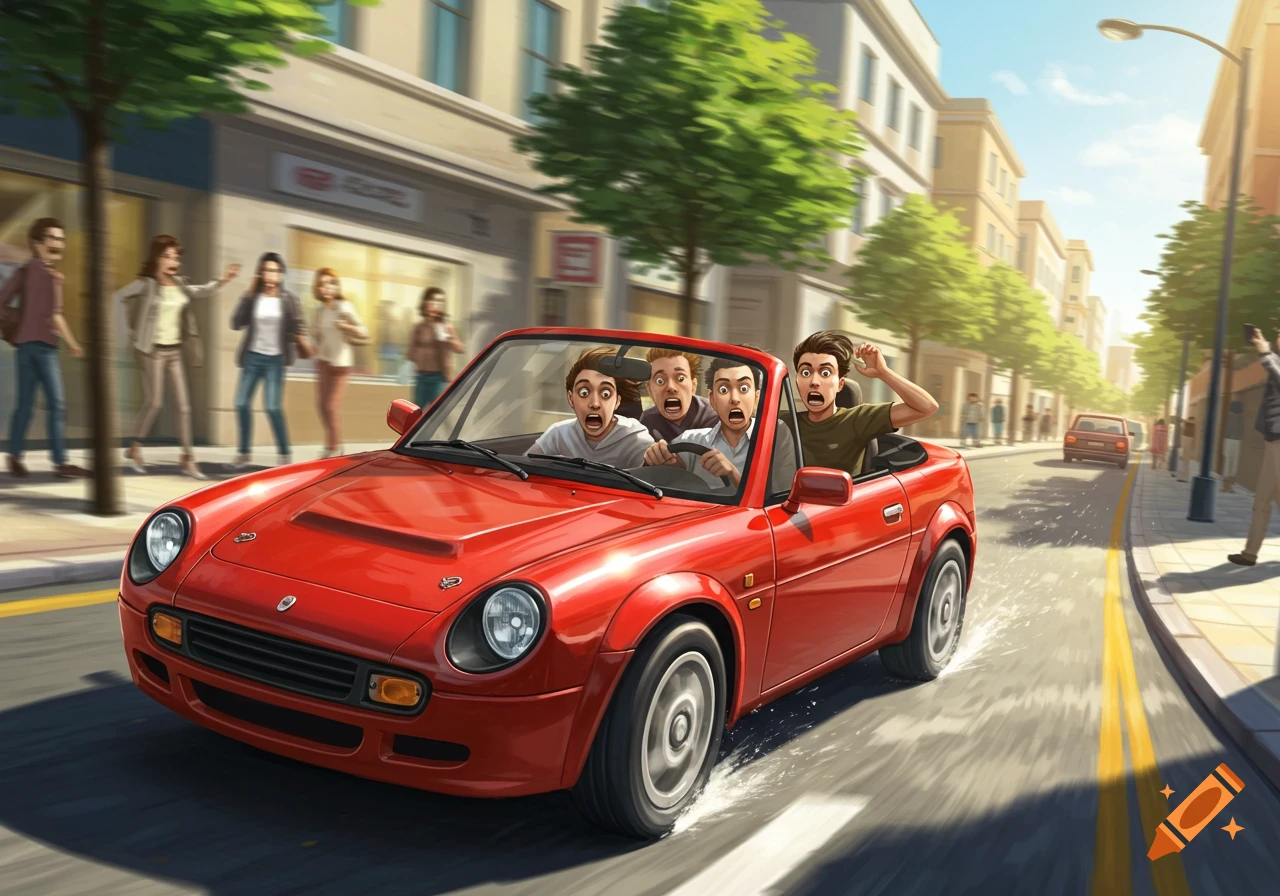 A red sports car with four scared male passengers slides through a turn on a city street, in a cartoon style.