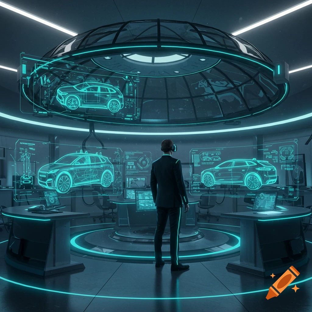 A man wearing a VR headset stands in a futuristic, neon-lit room, looking at holographic automotive designs.