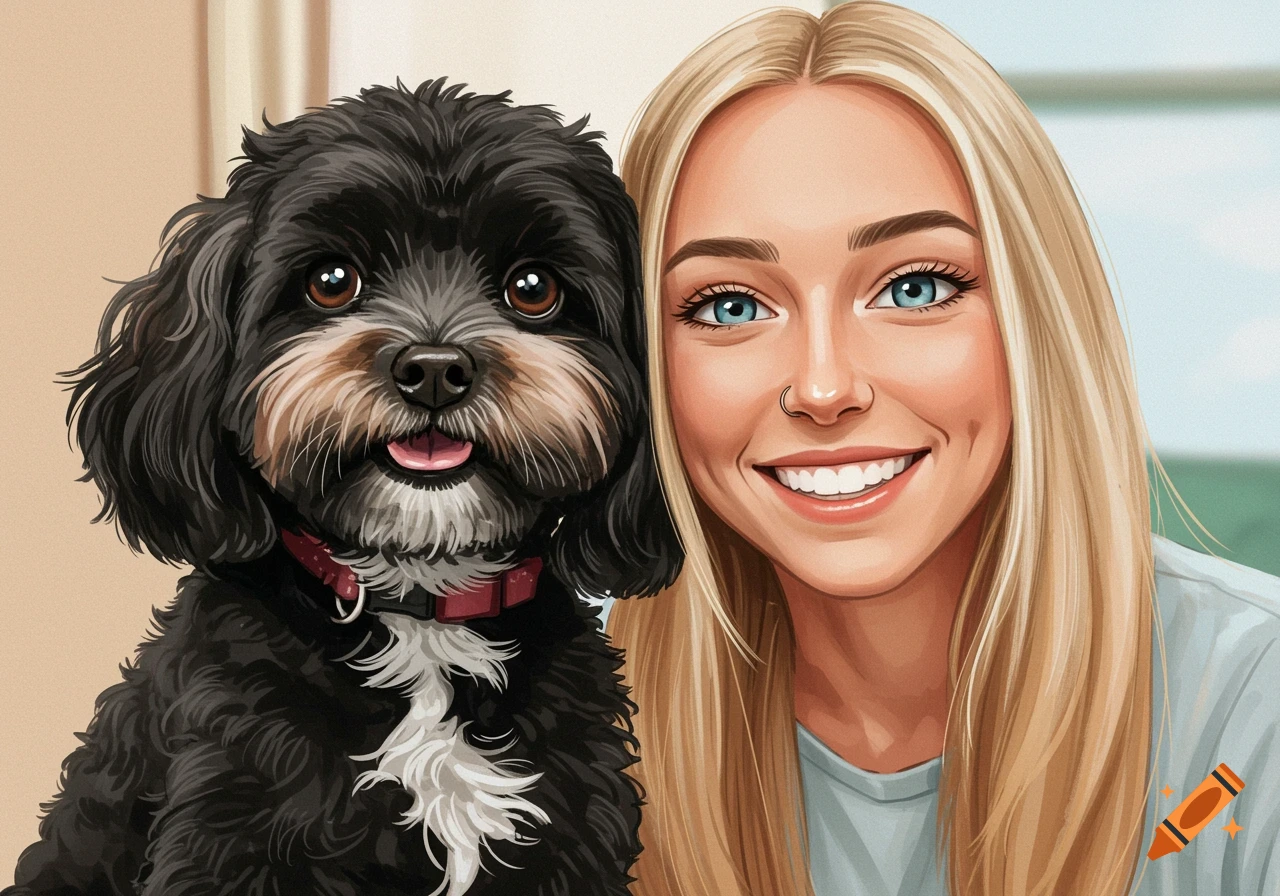 A colorful cartoon illustration of a smiling blonde woman with blue eyes and a black dog with a red collar.