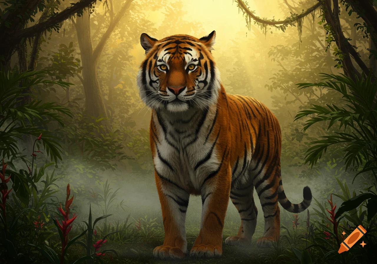 A photorealistic tiger stands in a misty, sunlit jungle, looking directly forward.