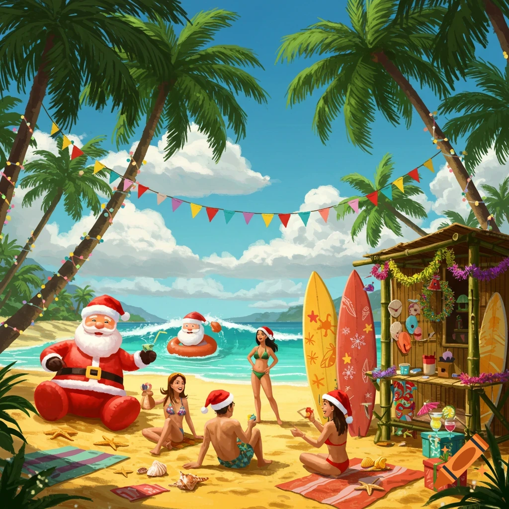 Illustrated scene of Santa Claus and people celebrating Christmas on a vibrant tropical beach with palm trees and a tiki hut.