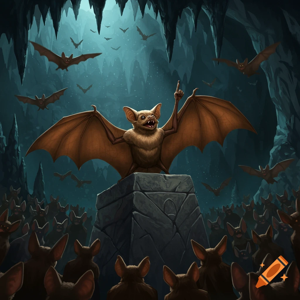 An illustrative scene of a bat at a stone podium, pointing its finger and speaking to a large crowd of bats in a dark cave.
