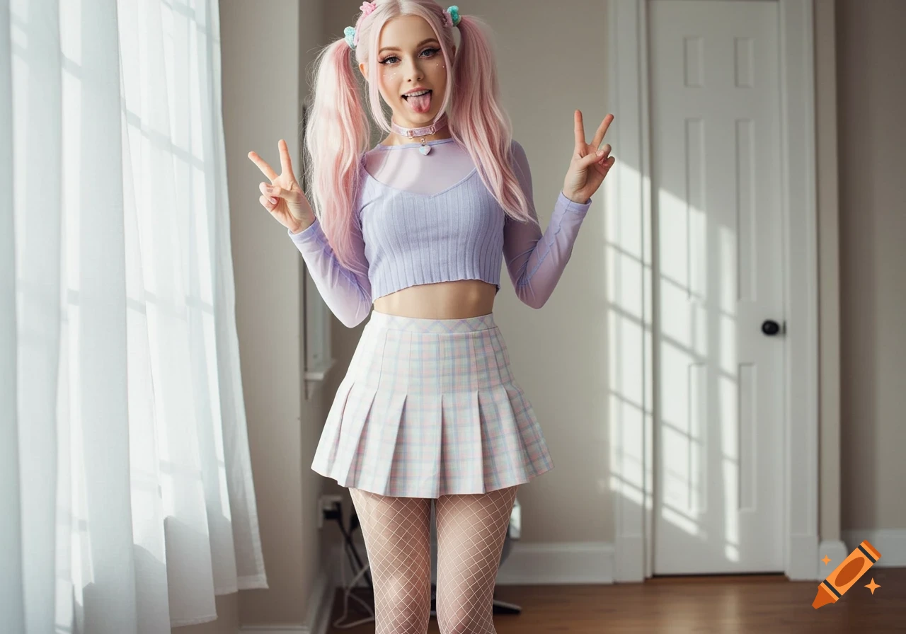 A young woman with pink pigtails in a lavender top and plaid mini skirt makes peace signs and sticks out her tongue.