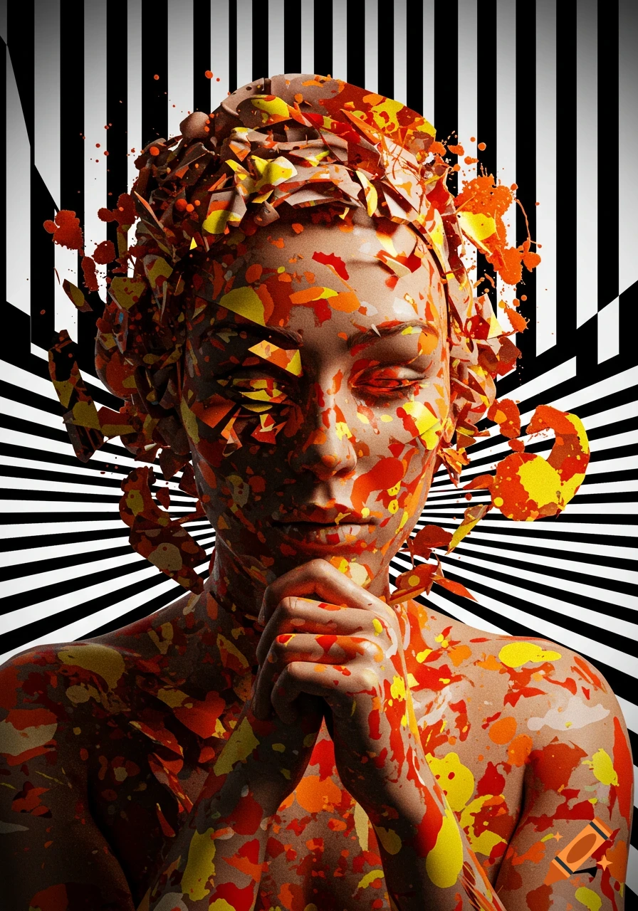 Surrealistic portrait of a person with fragmented skin covered in orange and yellow paint splatters against a black and white striped background.
