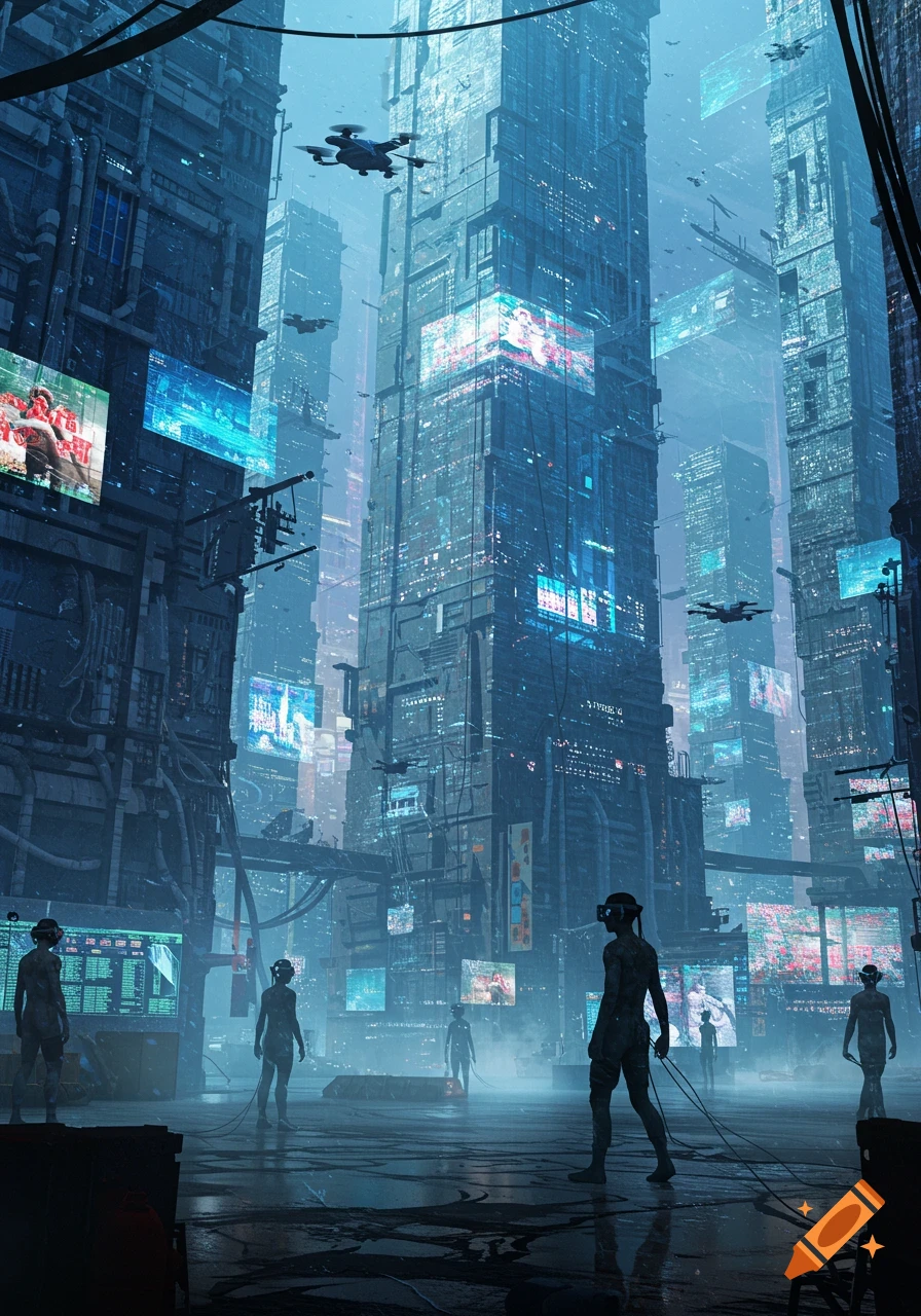 A towering futuristic cyberpunk city street with glowing screens, flying drones, and figures wearing VR headsets on a wet ground.