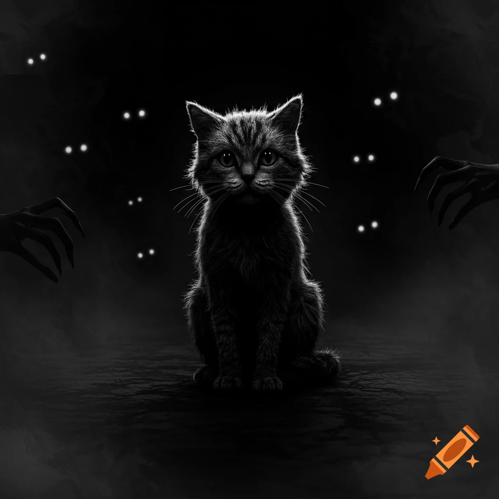A black and white image of a fluffy cat sitting in the dark, surrounded by glowing eyes and shadowy hands.