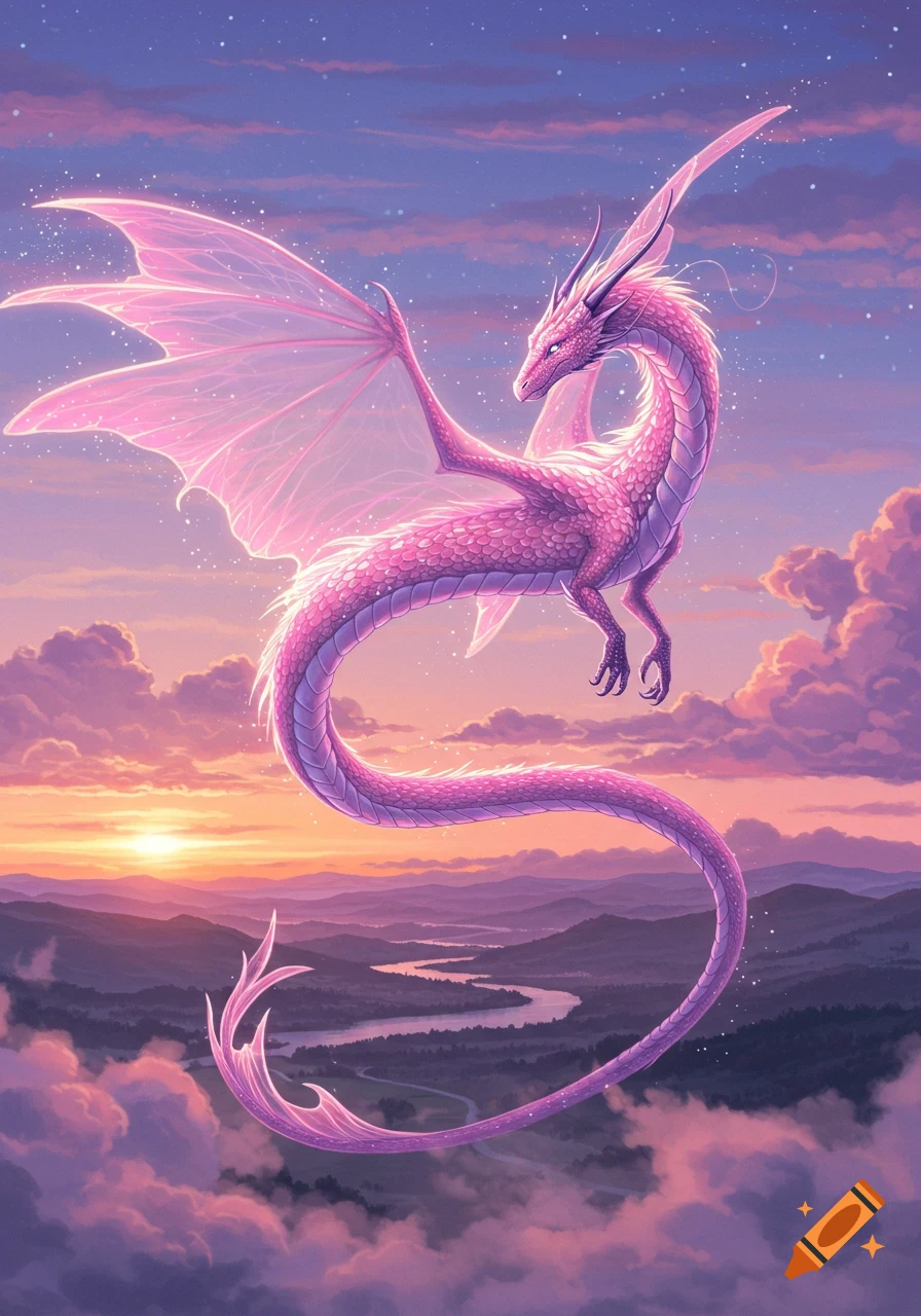 Vibrant digital illustration of a pinkish-purple dragon with translucent wings hovering in a sunset sky above clouds and mountains.