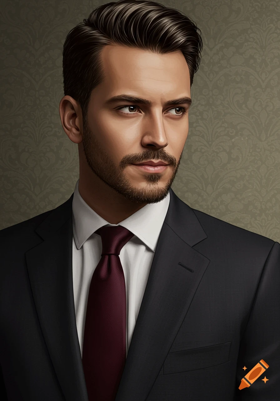 Photorealistic portrait of a man in a suit and tie, looking right.