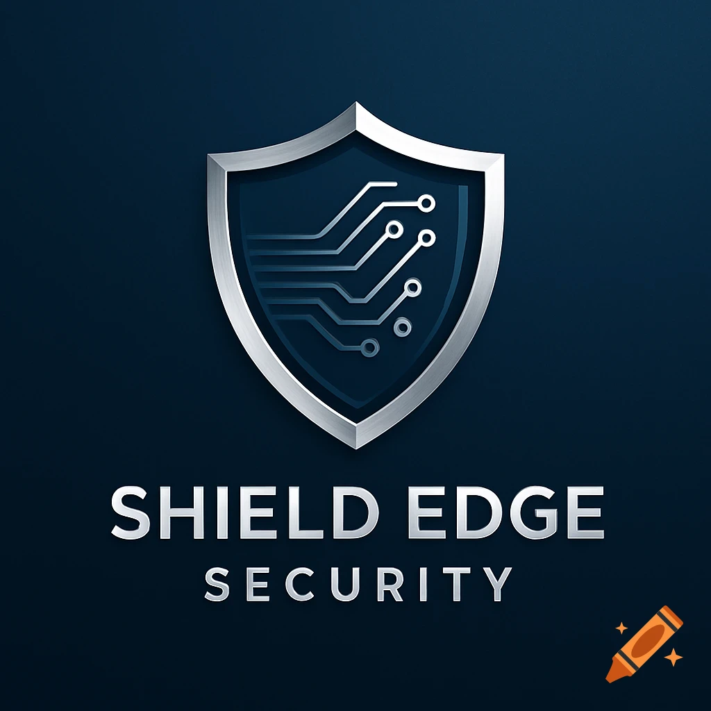 A metallic shield logo with a circuit board design inside, above the words SHIELD EDGE SECURITY on a dark blue background.