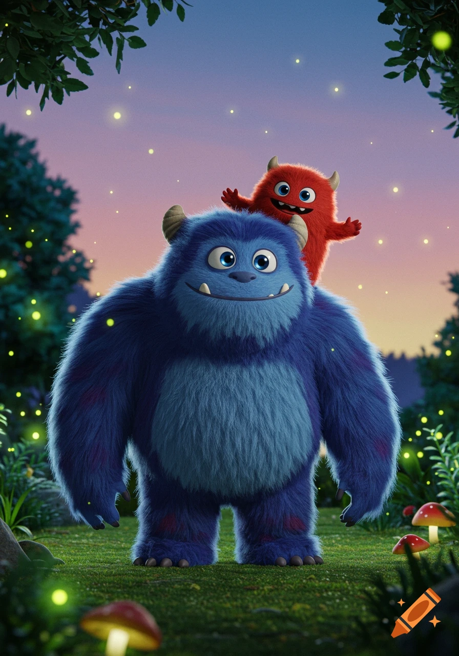 A friendly 3D animated blue monster carrying a smaller red monster on its back in a magical forest lit by fireflies.