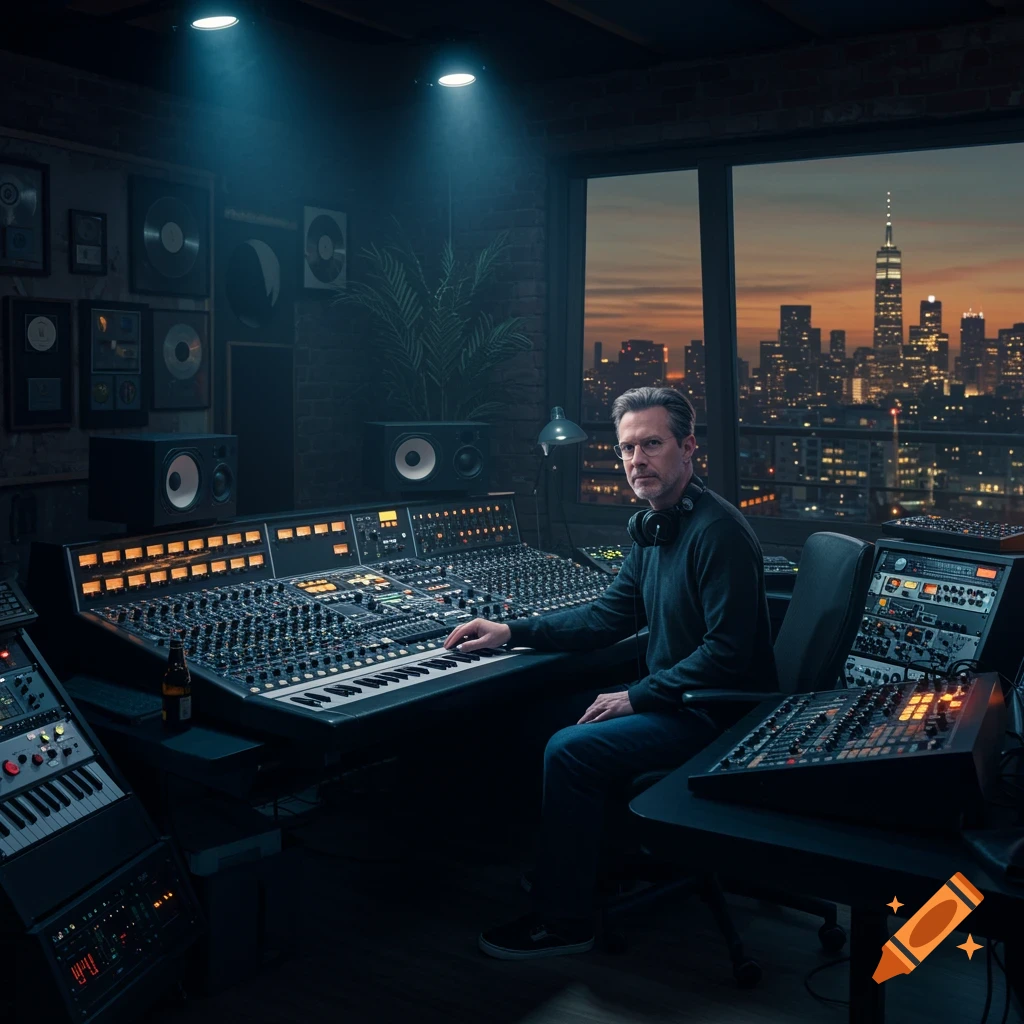 A man with headphones sits at a large mixing console in a dark music studio, with a city skyline visible through a window at dusk.