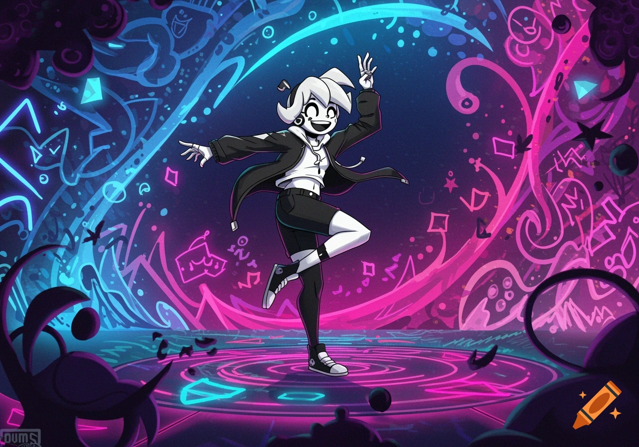 A stylized cartoon character with white hair and black and white clothing dances amidst glowing blue and pink abstract lines and shapes.