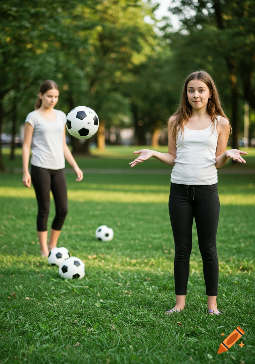 Two girls playing soccer in a sunny park. One girl in the foreground shrugs, while another girl in the background juggles a soccer ball.