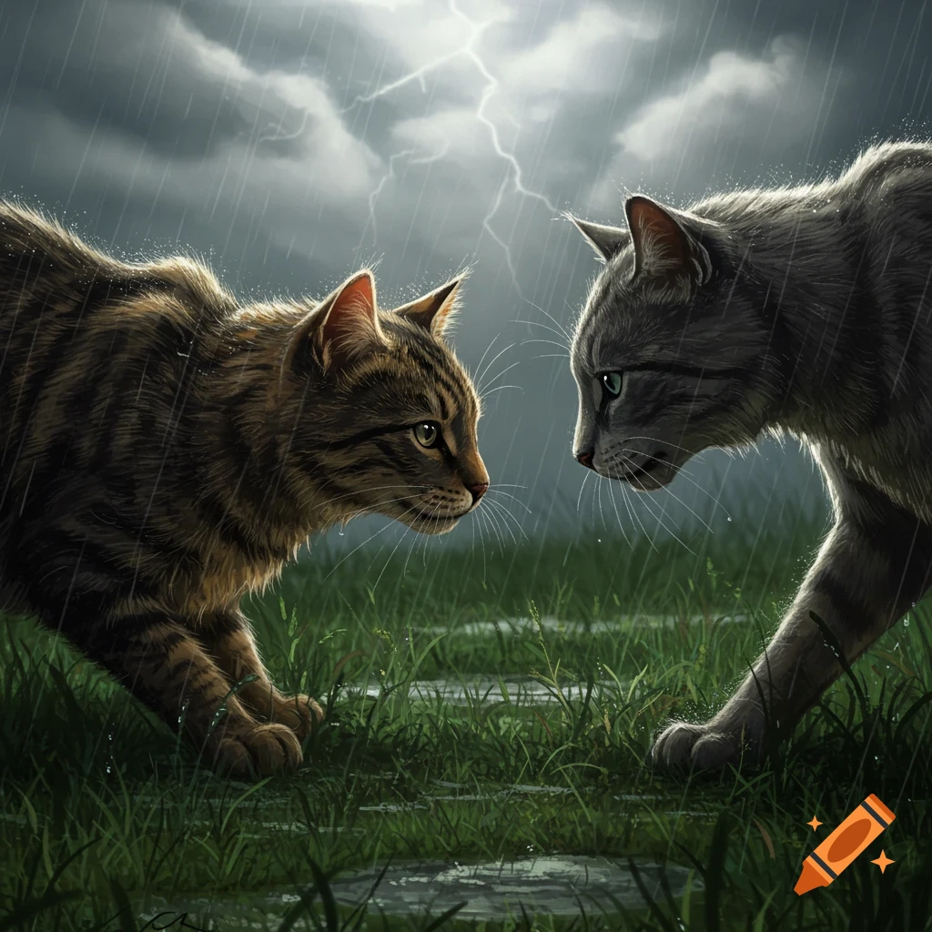 Two cats, a tabby and a gray cat, face each other in heavy rain under a lightning storm.