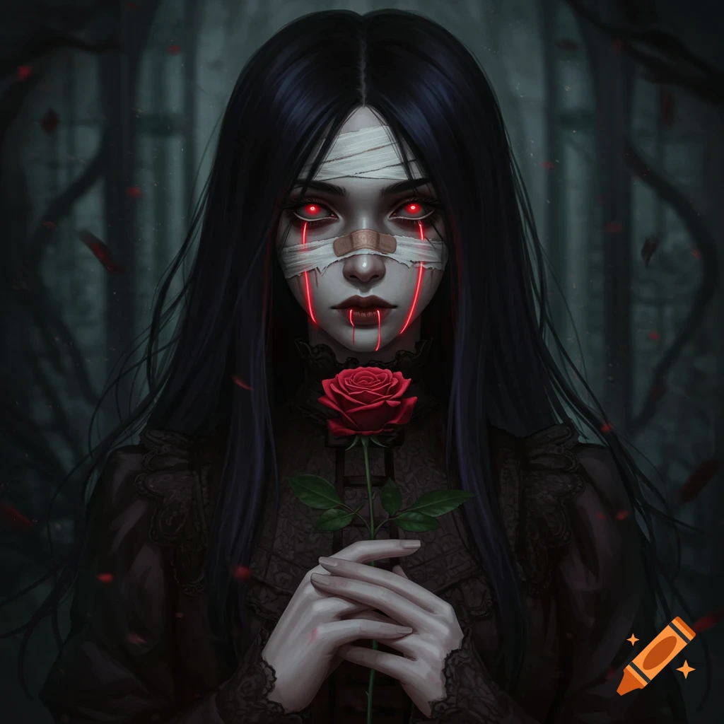 A dark, gothic portrait of a woman with long black hair, bandages over her eyes, and glowing red lines resembling tears and blood on her face, holding a red rose while wearing a Victorian-style dress.