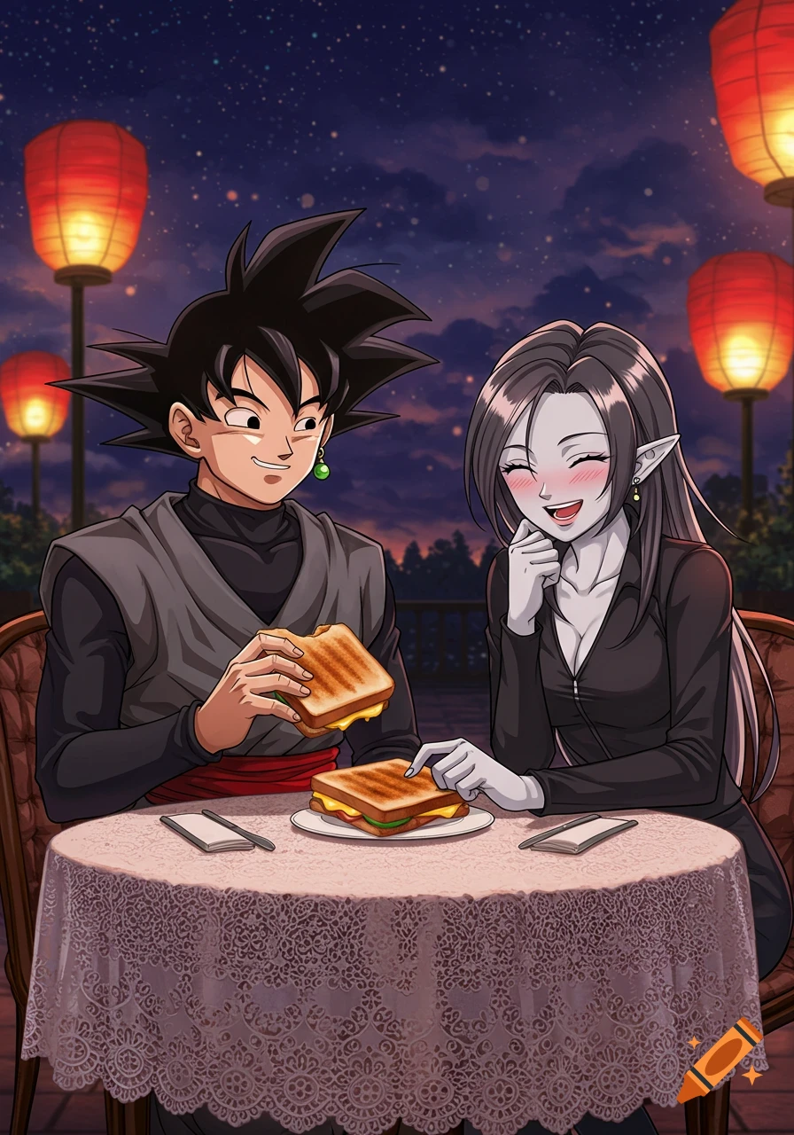 Goku Black and a grey-skinned woman share grilled cheese at a romantic outdoor restaurant at night with lanterns, in an anime style.