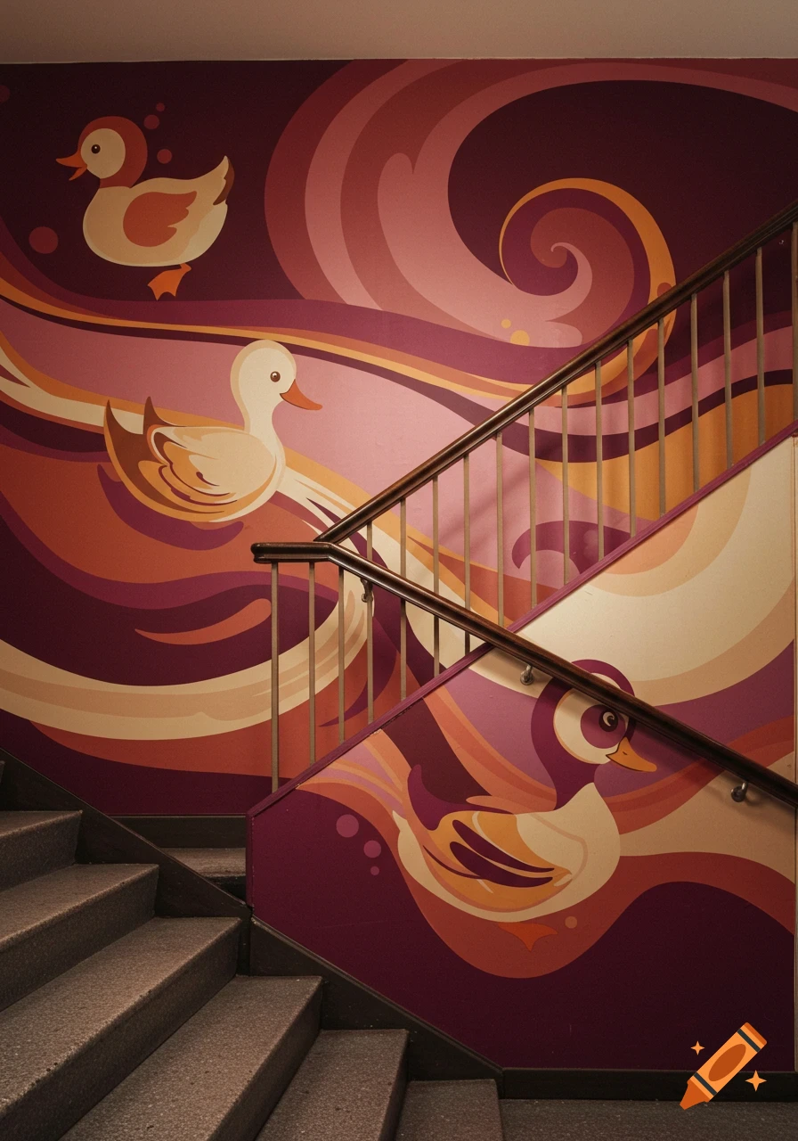 A colorful abstract mural on a staircase wall features cartoon ducks floating on wavy patterns in shades of maroon, pink, orange, and yellow.