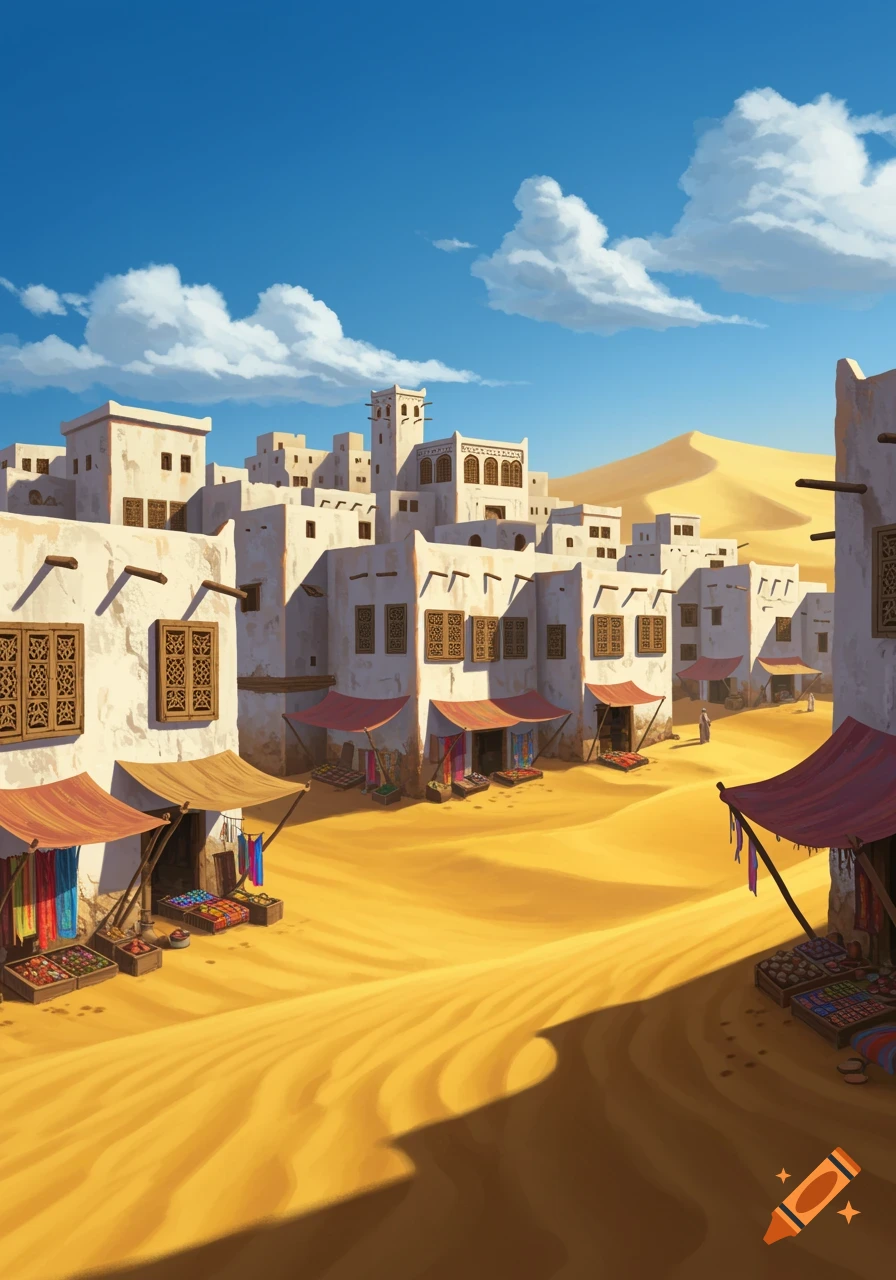 A town built into desert dunes under a bright blue sky, with white buildings and market stalls.