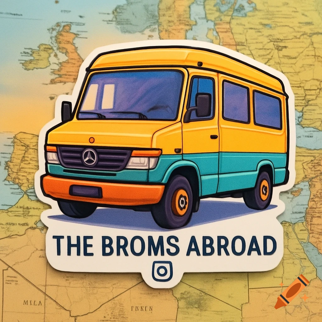 A cartoon sticker of a yellow and blue Mercedes Vario van on a world map, with the text "THE BROMS ABROAD" and an Instagram icon below it.