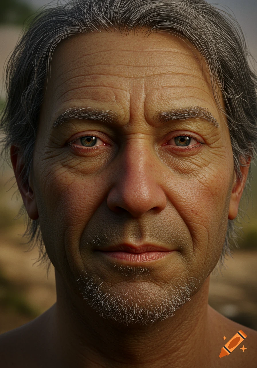 A close-up, photorealistic portrait of an older man with gray hair and a short beard.