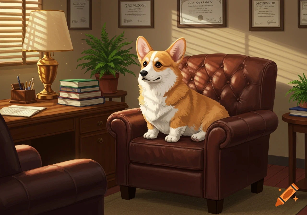 A fluffy corgi dog sits upright on a large brown leather armchair in a cozy therapist's office. A wooden desk, lamp, books, and plants are in the background.