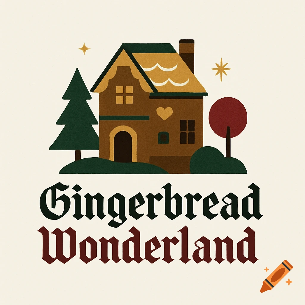 A whimsical logo illustration featuring a gingerbread house with a pine tree and a red tree, above the text 'Gingerbread Wonderland'.