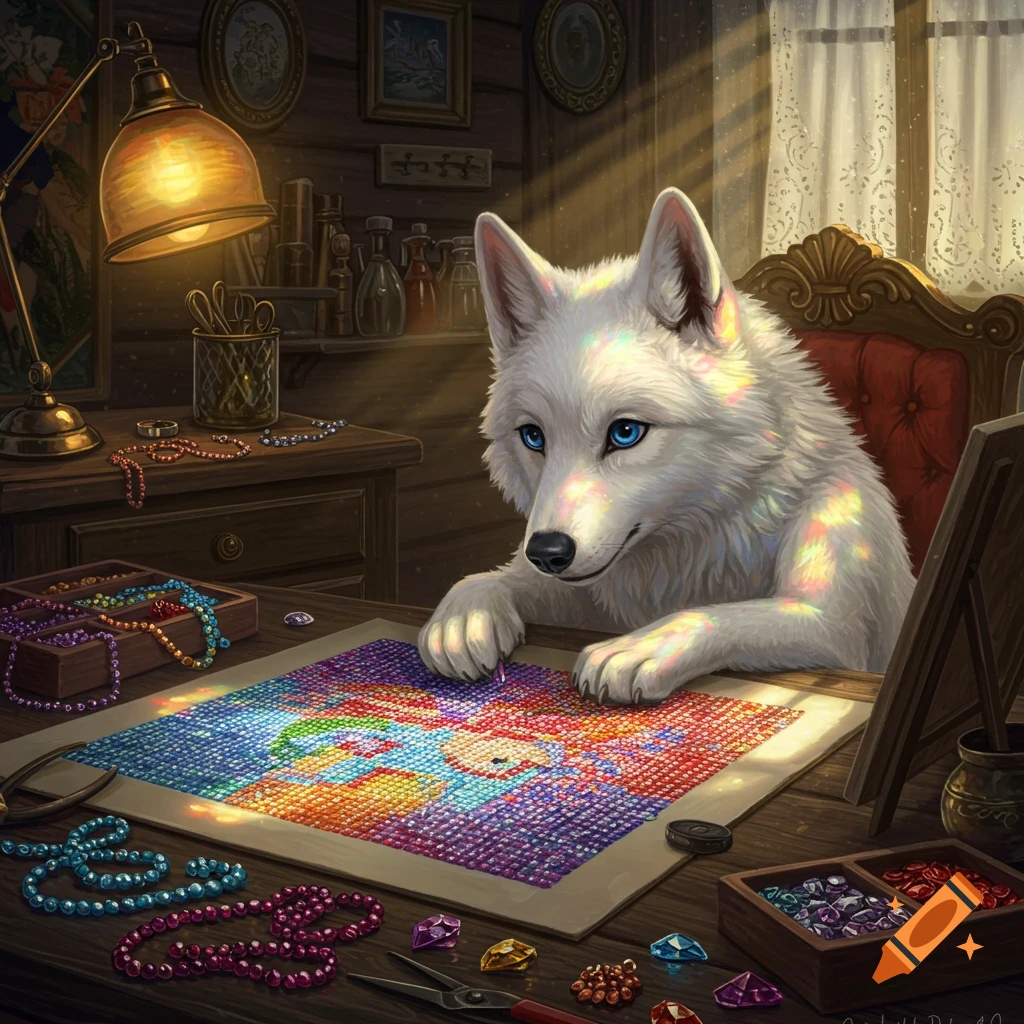 A white wolf with blue eyes sits at a wooden desk, focused on a colorful diamond art canvas with sparkling gems.