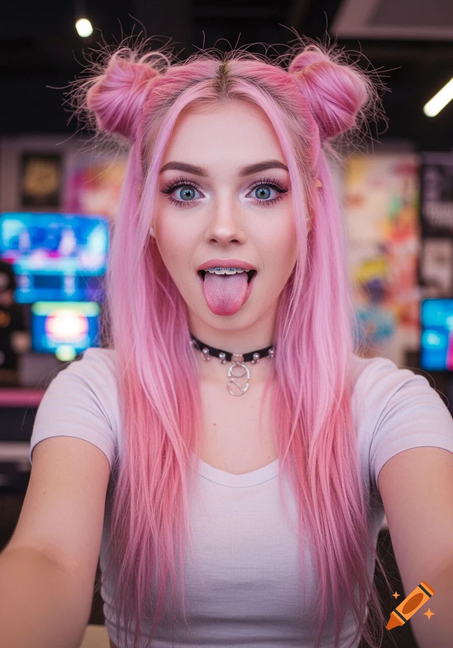 A photorealistic e-girl with pastel pink hair in space buns, wearing braces and a choker, sticking out her tongue.