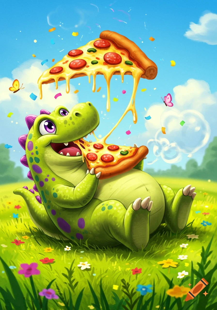 A happy, green cartoon dinosaur sits in a grassy field, eating a cheesy slice of pizza with another slice floating above.