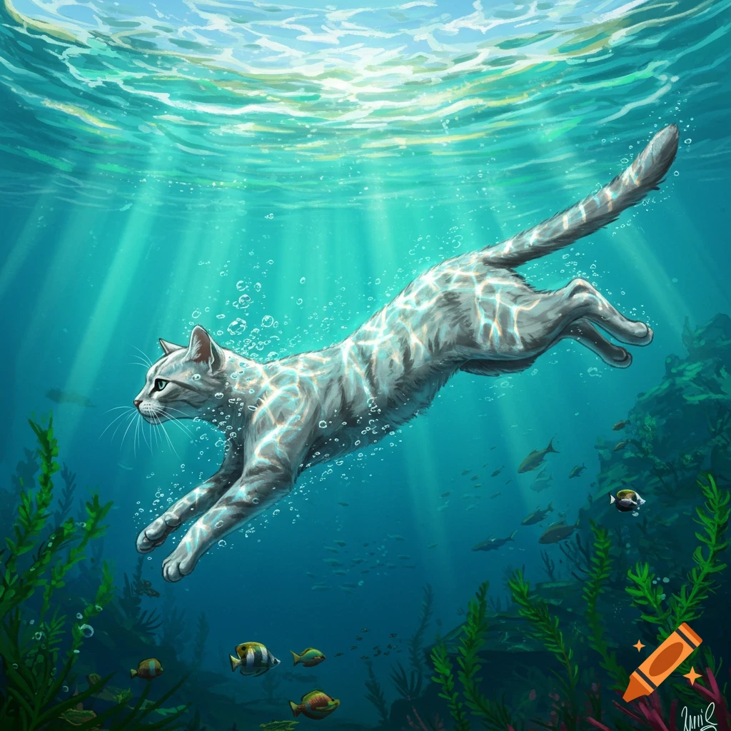 An illustrated gray tabby cat swims gracefully underwater, illuminated by sunbeams, surrounded by small fish and coral.