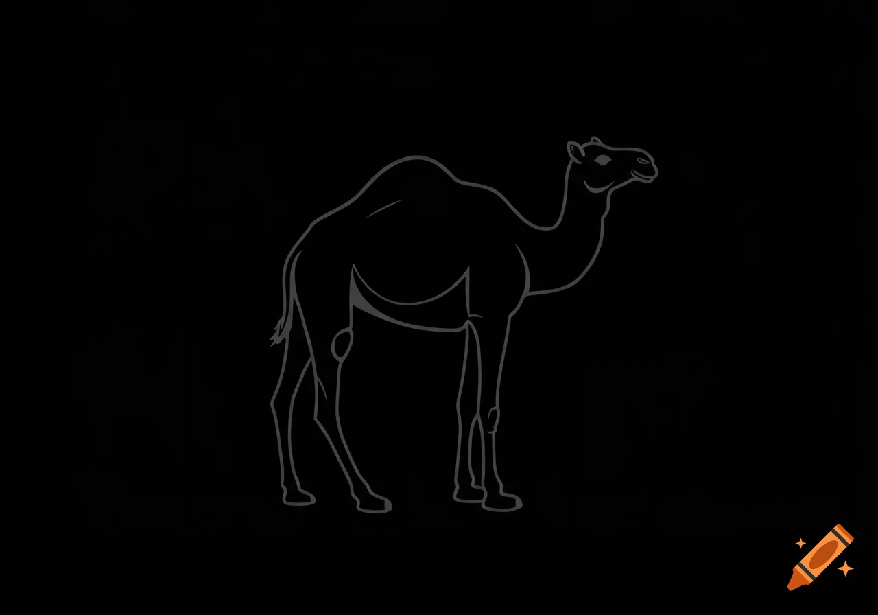 Minimalist line drawing of a dromedary camel in profile on a black background.