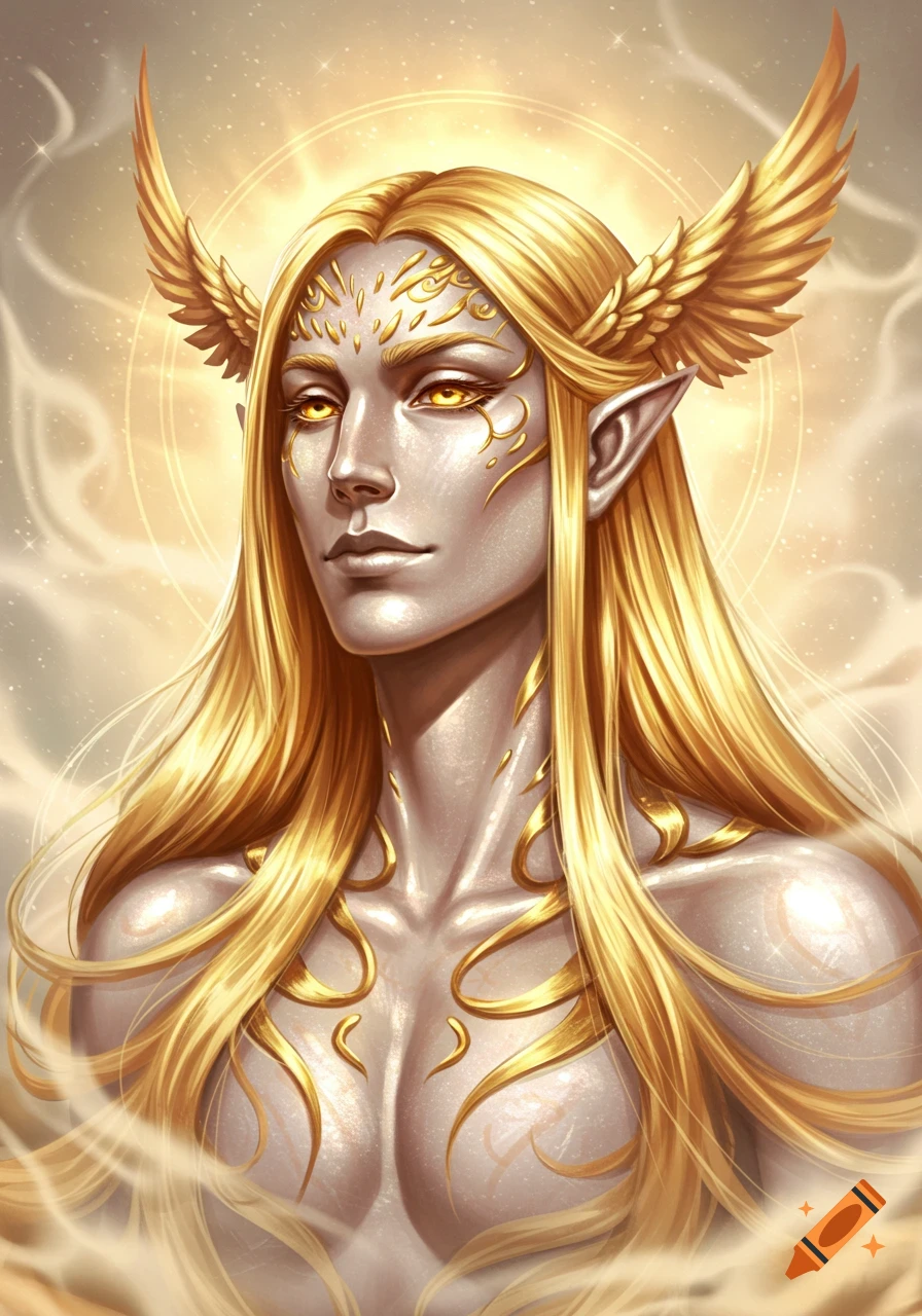Portrait of an ethereal fantasy character with long golden hair, silver skin, golden eyes, and golden wings emerging from their head, surrounded by light.