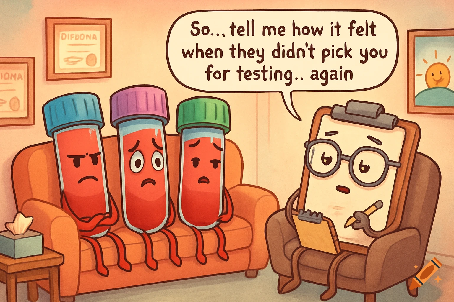 Humorous cartoon of three anthropomorphic blood tubes on a couch in a therapy session with a clipboard therapist, who asks about not being picked for testing.