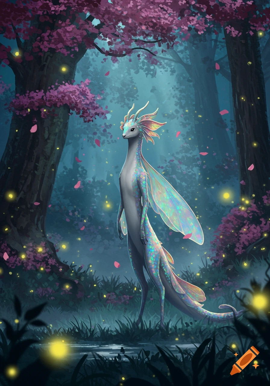 A colorful, ethereal creature with large, translucent wings stands in a magical, glowing forest under blooming pink trees.