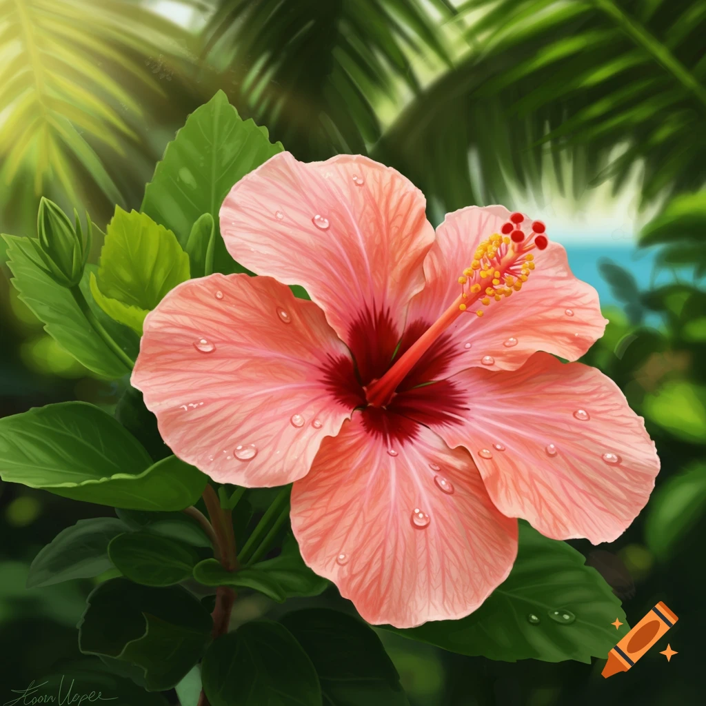 Close-up digital painting of a vibrant pink hibiscus flower with water droplets amidst lush tropical foliage and sunlight.
