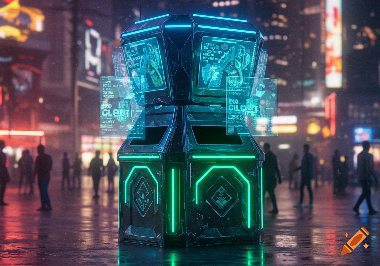 A glowing futuristic trash can with holographic screens on a wet city street at night with blurred people.