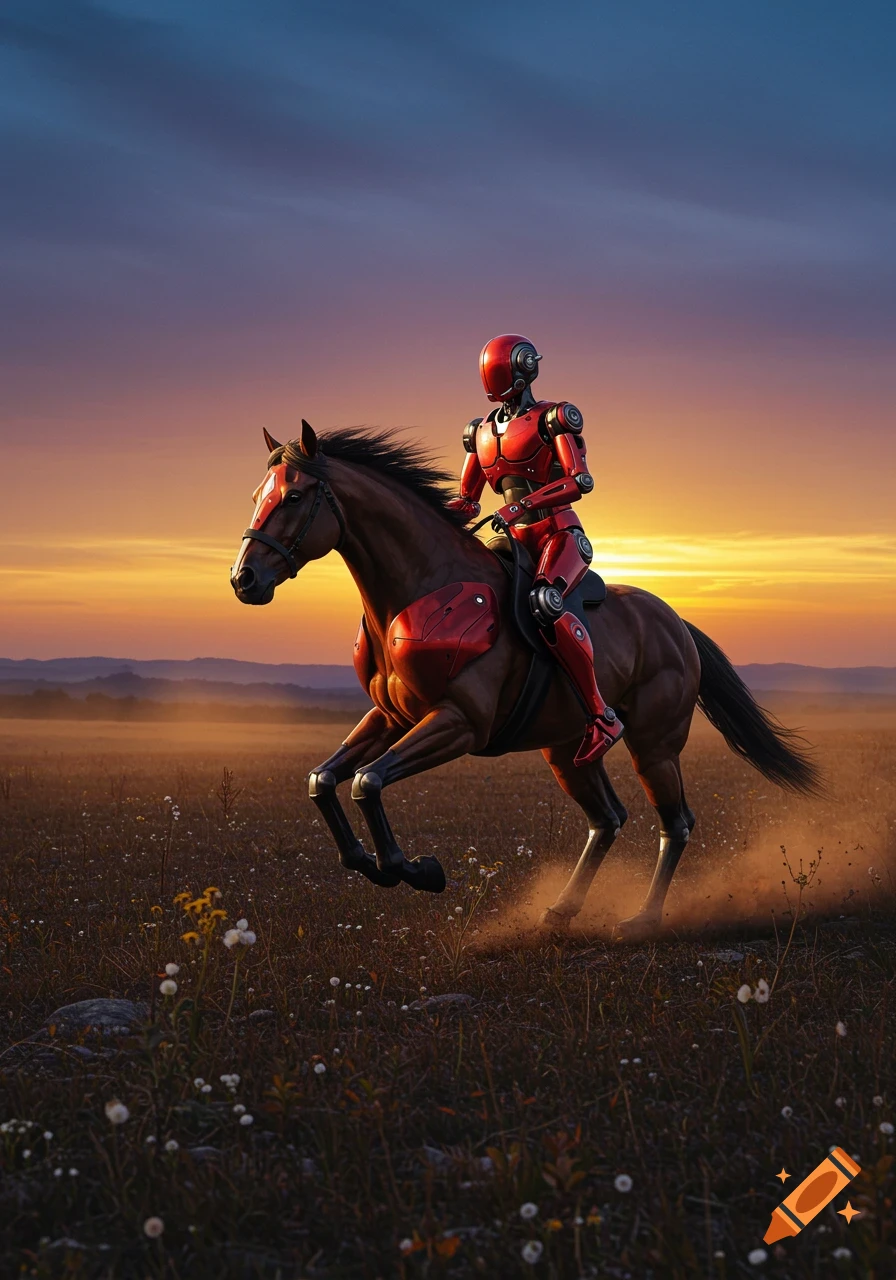 A photorealistic red robot rides a brown horse through a field at sunset.