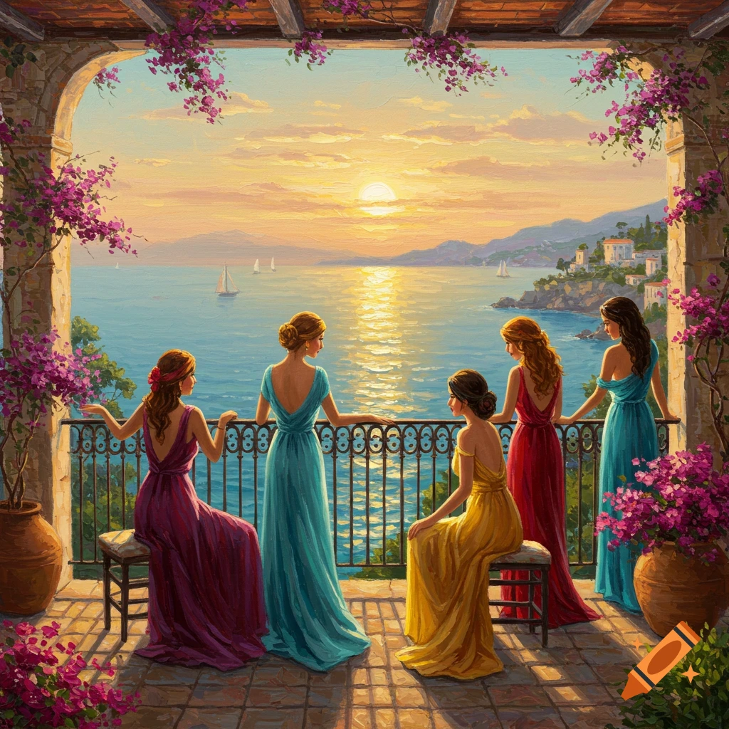 Five women in elegant dresses gaze at a beautiful sunset over the sea from a balcony adorned with pink flowers, in a painterly style.