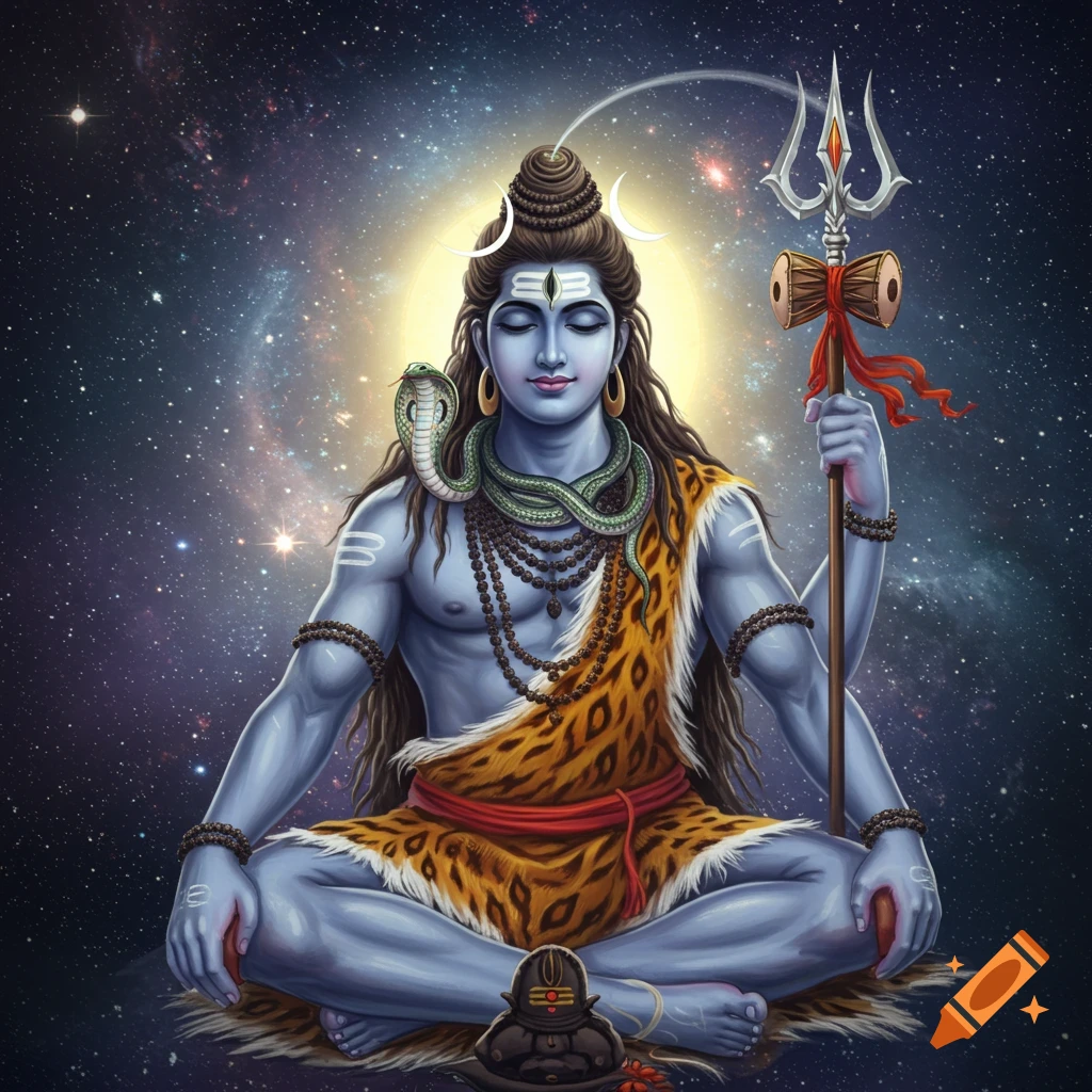 A spiritual painting of Lord Shiva meditating with a third eye, cobra, and trident, set against a cosmic galaxy background.