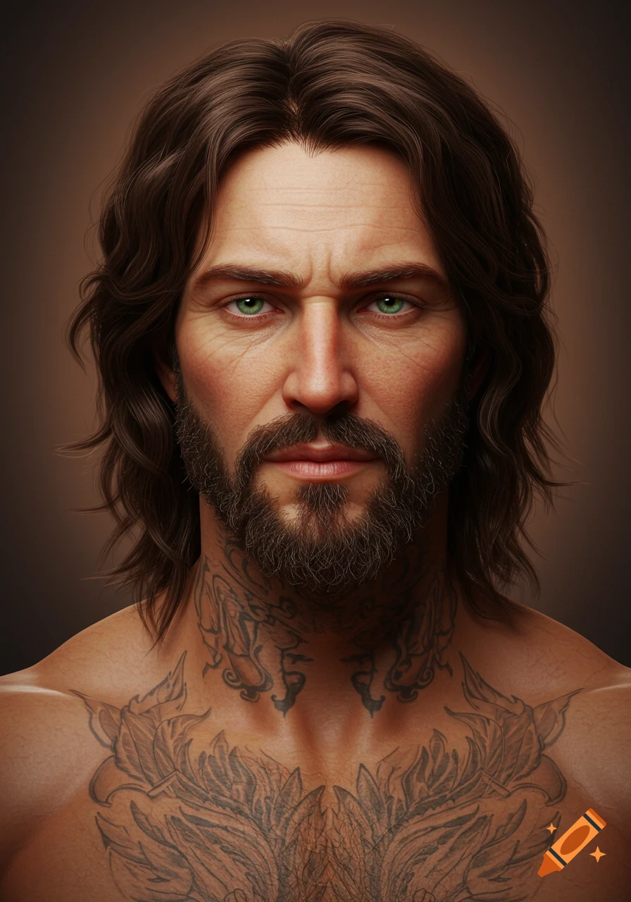 A photorealistic portrait of a man with long brown hair, a beard, green eyes, and intricate tattoos on his neck and chest.