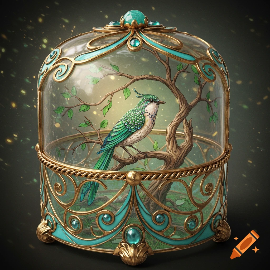 A green bird perches on a tree branch inside an ornate glass dome with gold and turquoise accents, against a sparkling dark background.