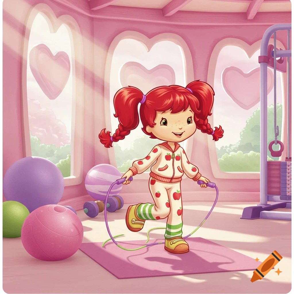 A cartoon girl with red pigtails in an apple-patterned tracksuit jumps rope in a pink gym with heart-shaped windows and exercise equipment.